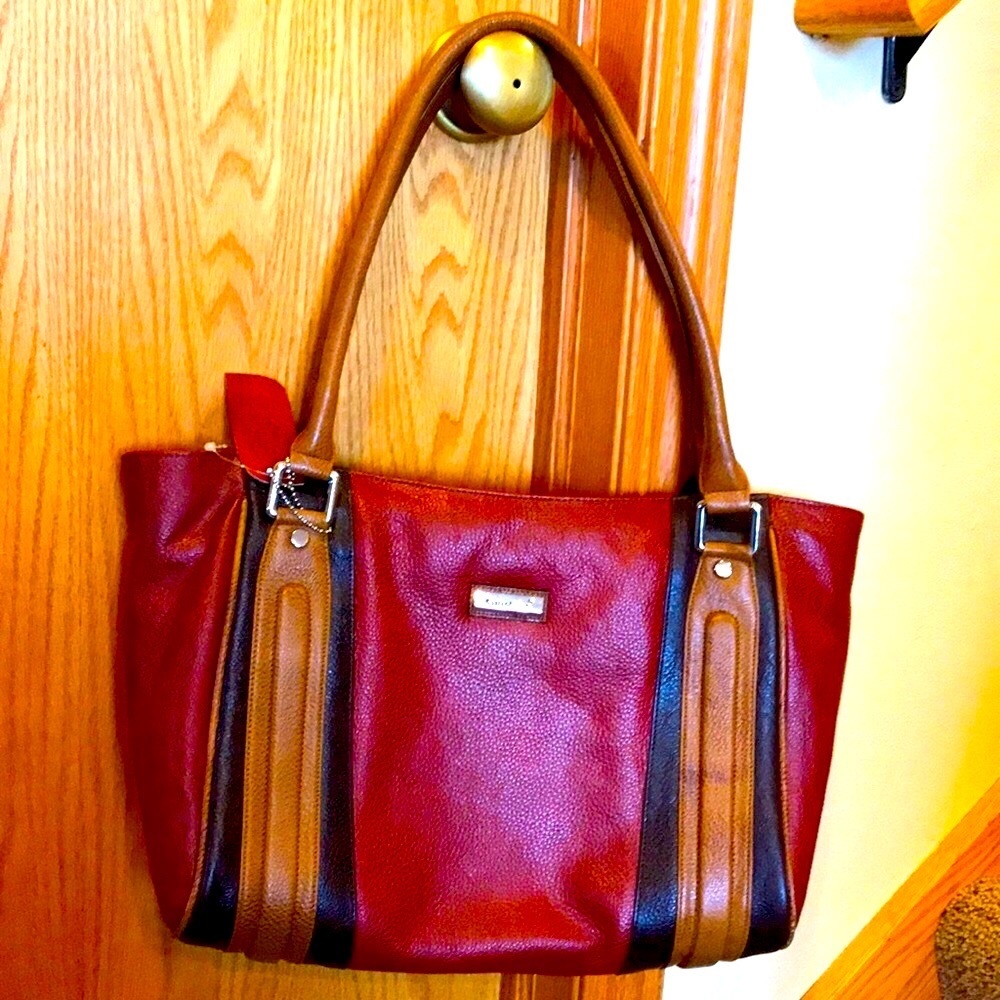 New Sunshine Pebbled Leather India brown camel tan red tote bag purse 2 handles